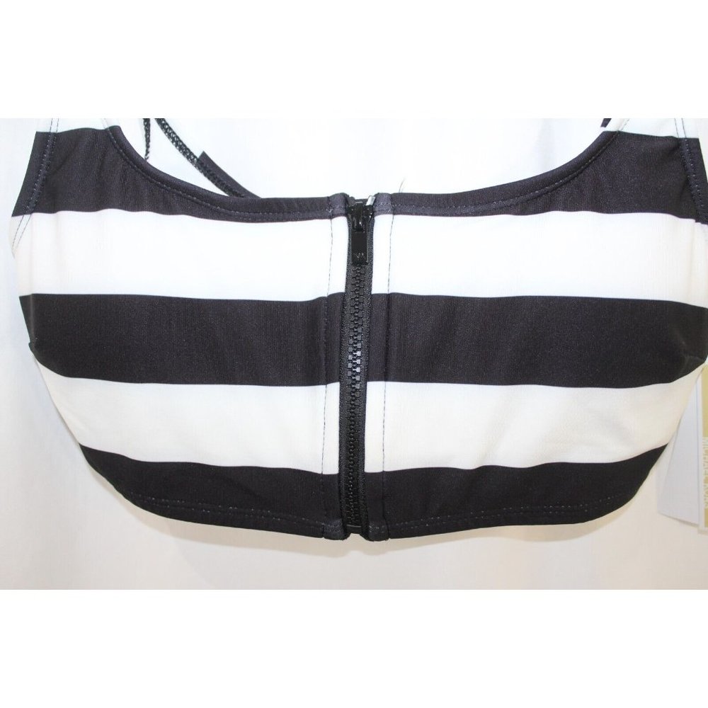 NWT MICHAEL Michael Kors $118 Womens Black White Zipper Bikini Top S - Picture 2 of 4